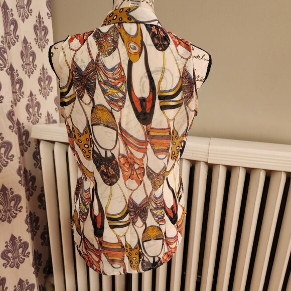 Y2K Cache Vibrant Elegant Shoe-Print Sleeveless Ruffled Button Up Blouse, Sz S - Picture 2 of 8